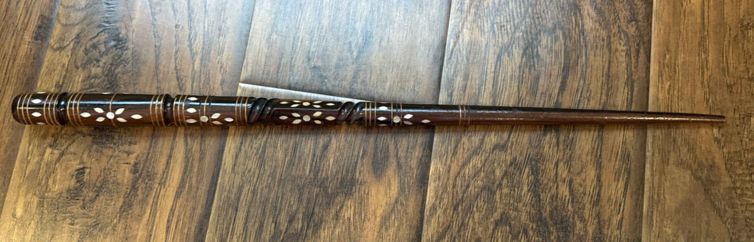 Vtg hand carved wood mother of pearl  pointer, Wand 22