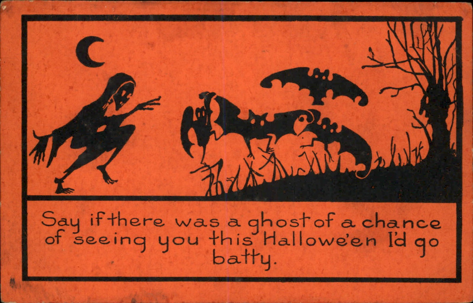 Halloween Skeleton Ghost Bats ORANGE BACK WHITNEY c1910s Vintage Postcard
