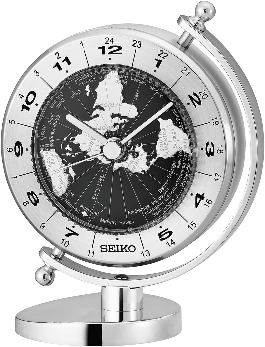 Seiko World Time Globe Desk Table Clock Silver Tone QHG106SLH QHG106S New