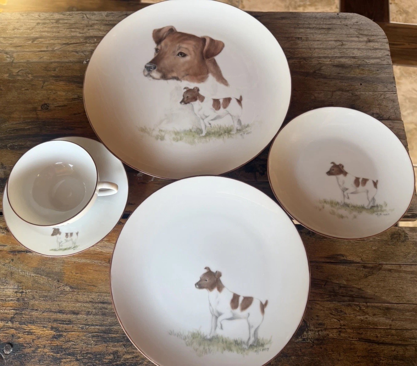Vintage 1997 Hand-Painted Jack Russell/Fox Terrier Porcelain China Set 5 Pieces