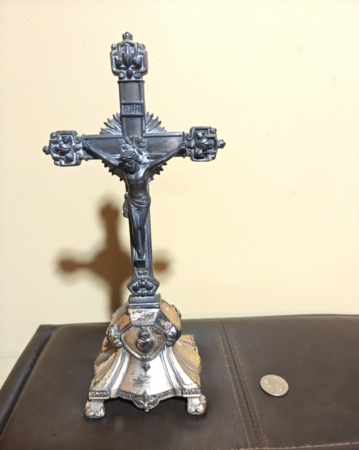 Christian Crucifix Cross Statue w/ Jesus Corpus, INRI Plaque, Silver Plated
