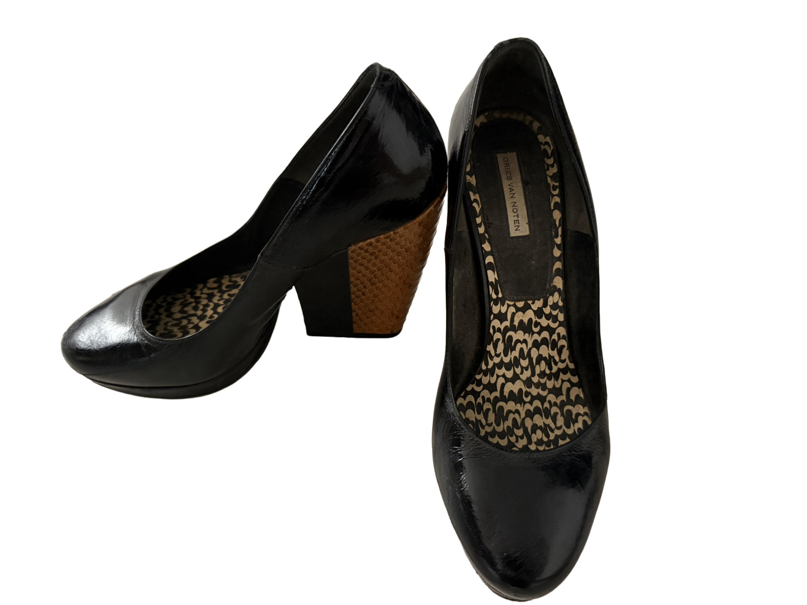 Dries Van Noten Leather Snakeskin Block Heel Designer Shoes