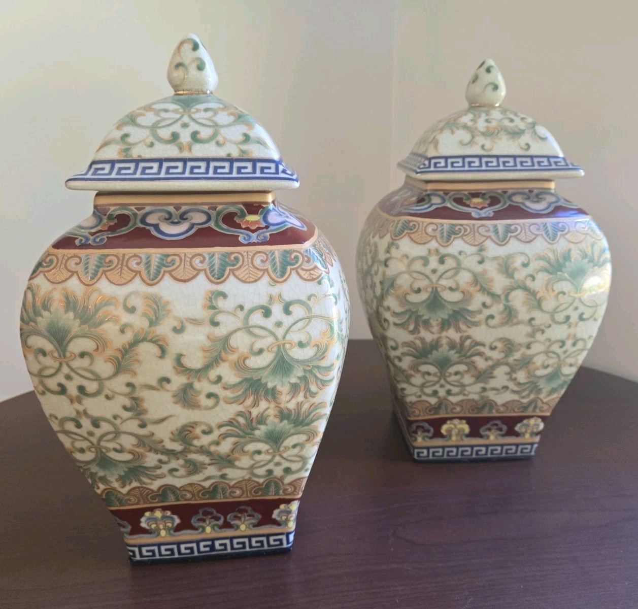 Pair Chinese Ginger Jars Crackle Glaze Lidded Urns Temple Vases Chinoiserie 14