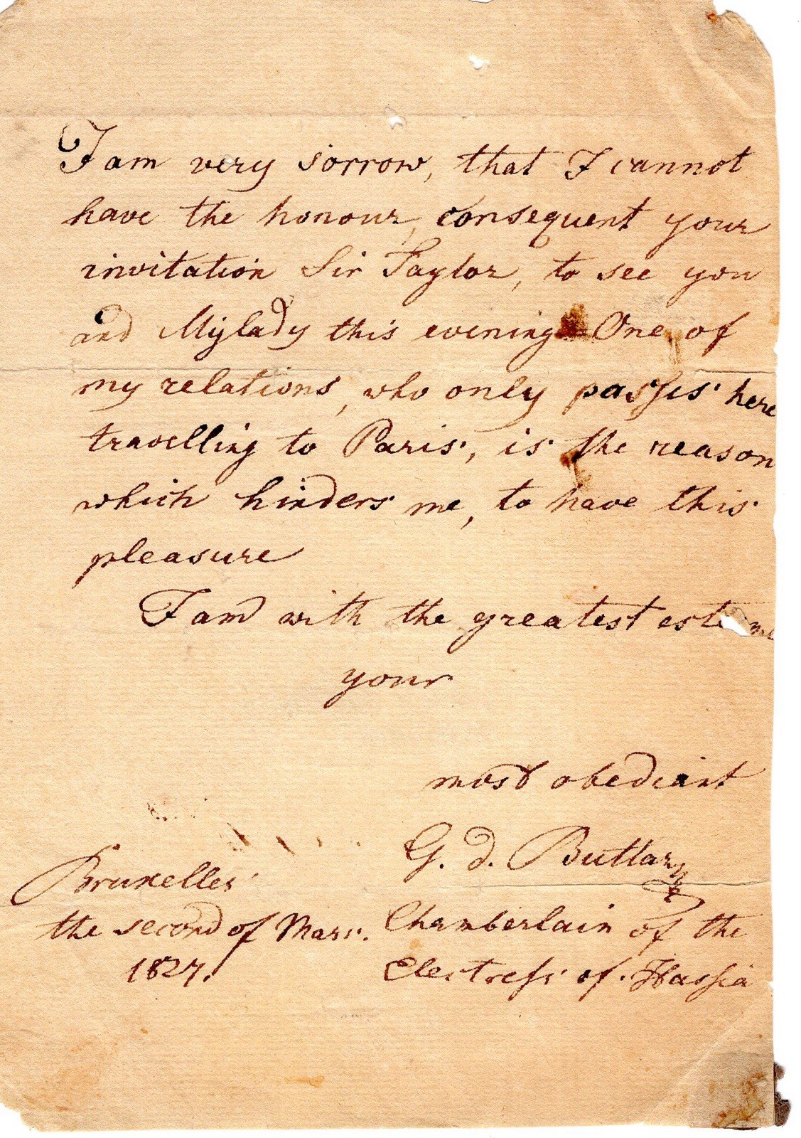 ANTIQUE 1827 NOBILITY LETTER, GERMAN CHAMBERLAIN TO BRITISH DIPLOMAT, RARE