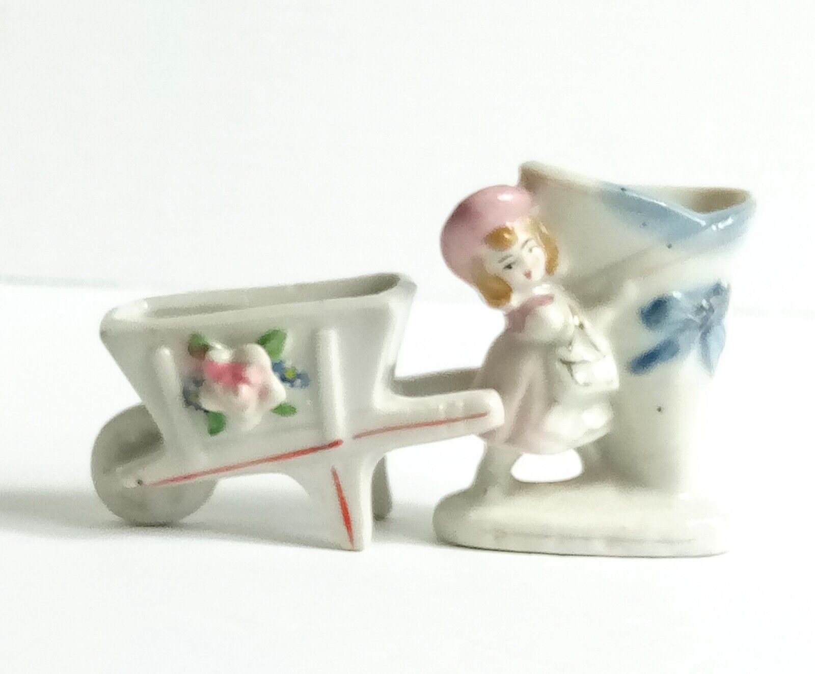 Vintage Occupied Japan Miniature Figurines Wheelbarrel Toothpick Holder