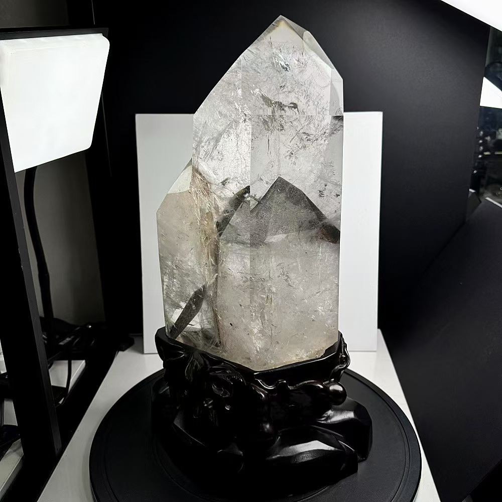 34.17LB Natural White Quartz Obelisk Energy Crystal Tower Point Reiki +Stand