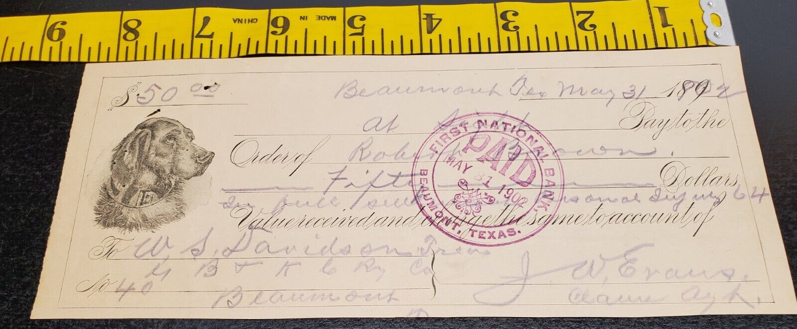 1902 canceled check-First National Bank-Beaumont Texas-Irish Setter Dog