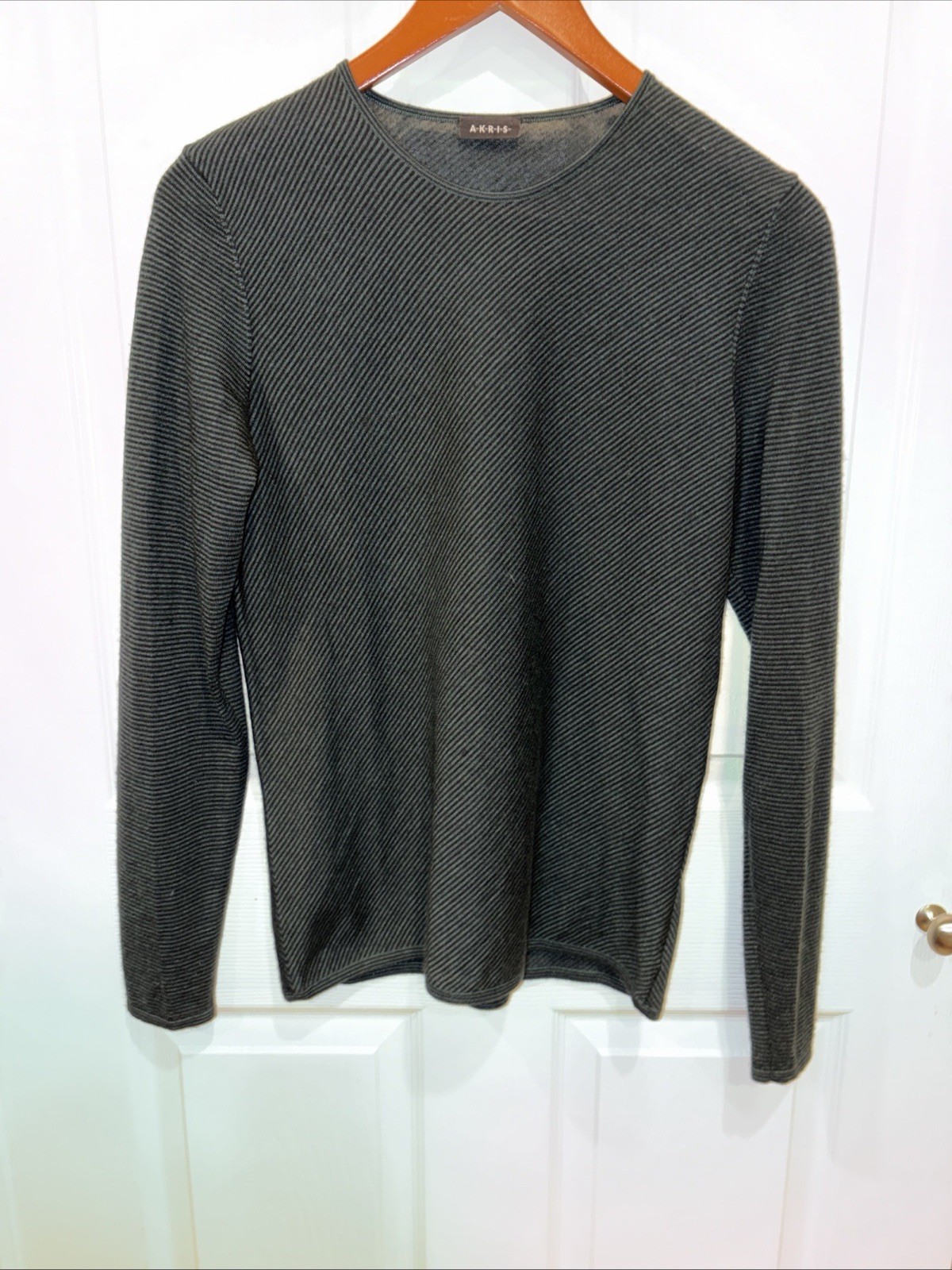 Akris Cashmere Silk Women’s Sweater Sz 10 Green & Black Crew Neck Long Sleeve **