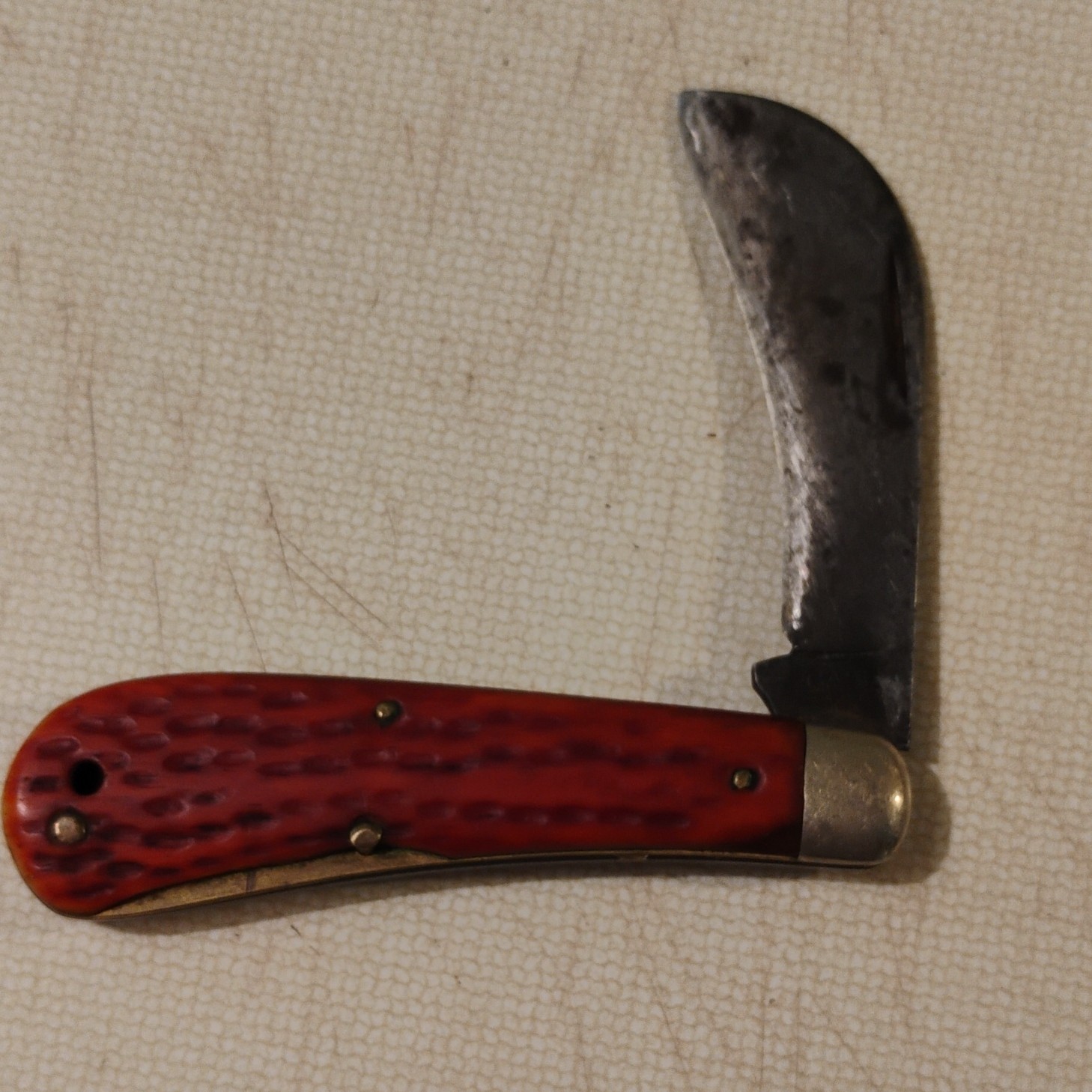 Vintage Red Plastic Handle Hawkbill Slipjoint Folding Pocketknife, Steel Blade