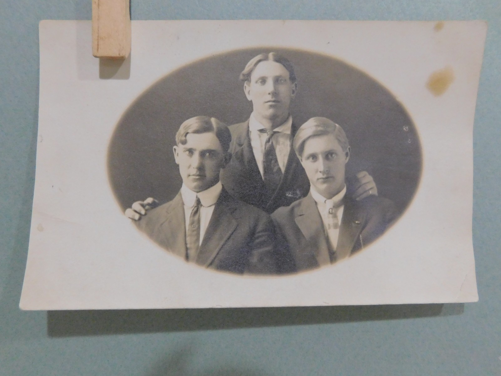 1920\'s RPPC - THREE GENTS, antique real  studio photograph postcard, damage