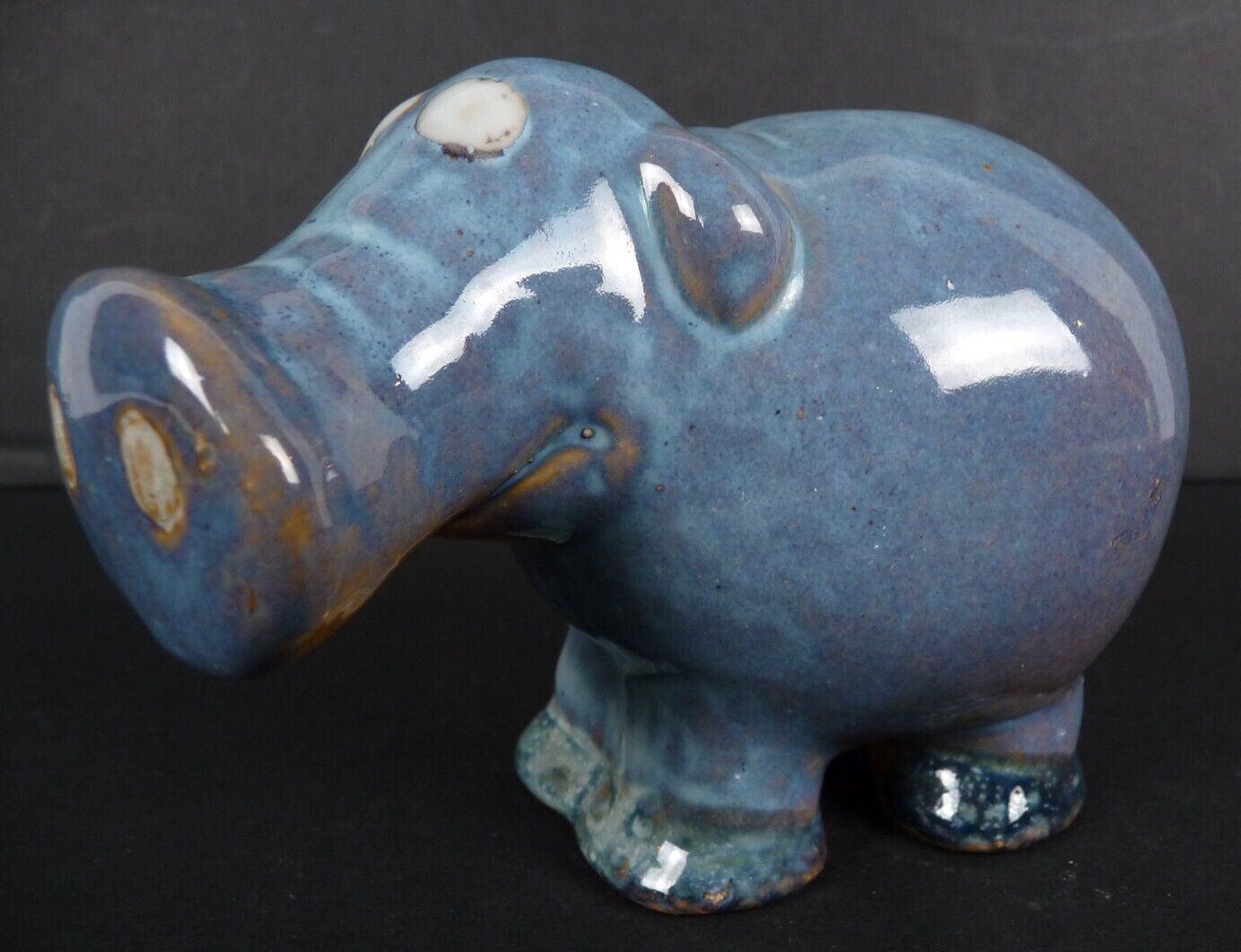 Vintage Ceramic Hippo Hand Painted Blue Glazed Pottery Animal Figurine