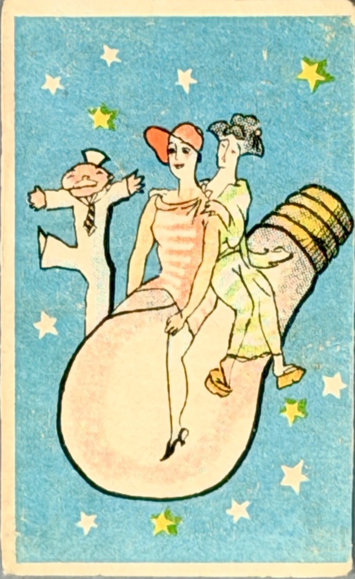 Antique Japanese Matchbox Label 1920s Art Deco Moga Modern Girl Lightbulb