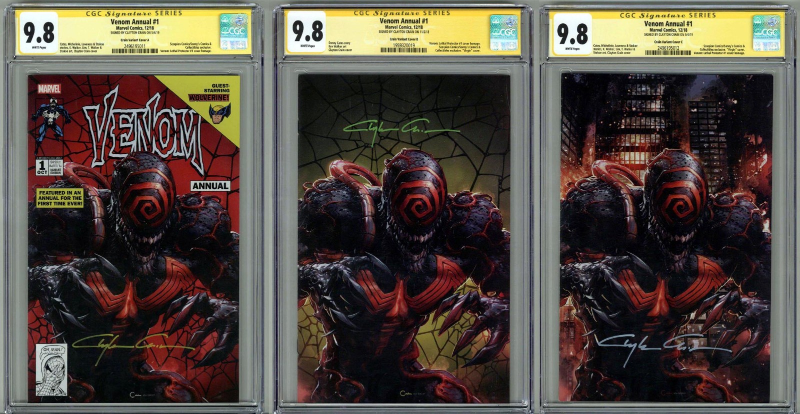 VENOM ANNUAL #1 SET OF THREE CGC 9.8 SS SIGNED CLAYTON CRAIN VARIANT A/B/C RARE