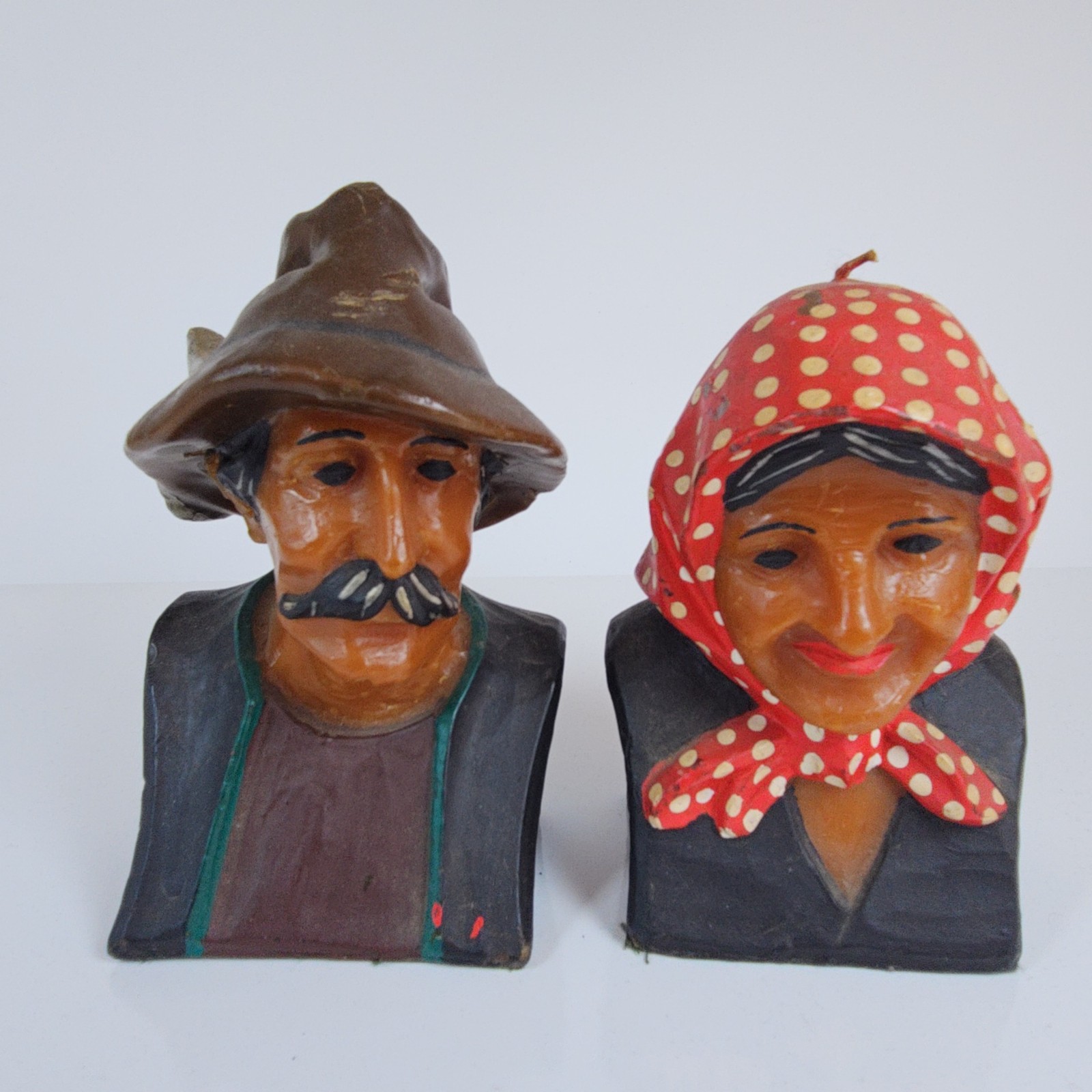 Vintage Folk Art Wax Candle Bust Figurines Hand Painted Set of 2 Never Used
