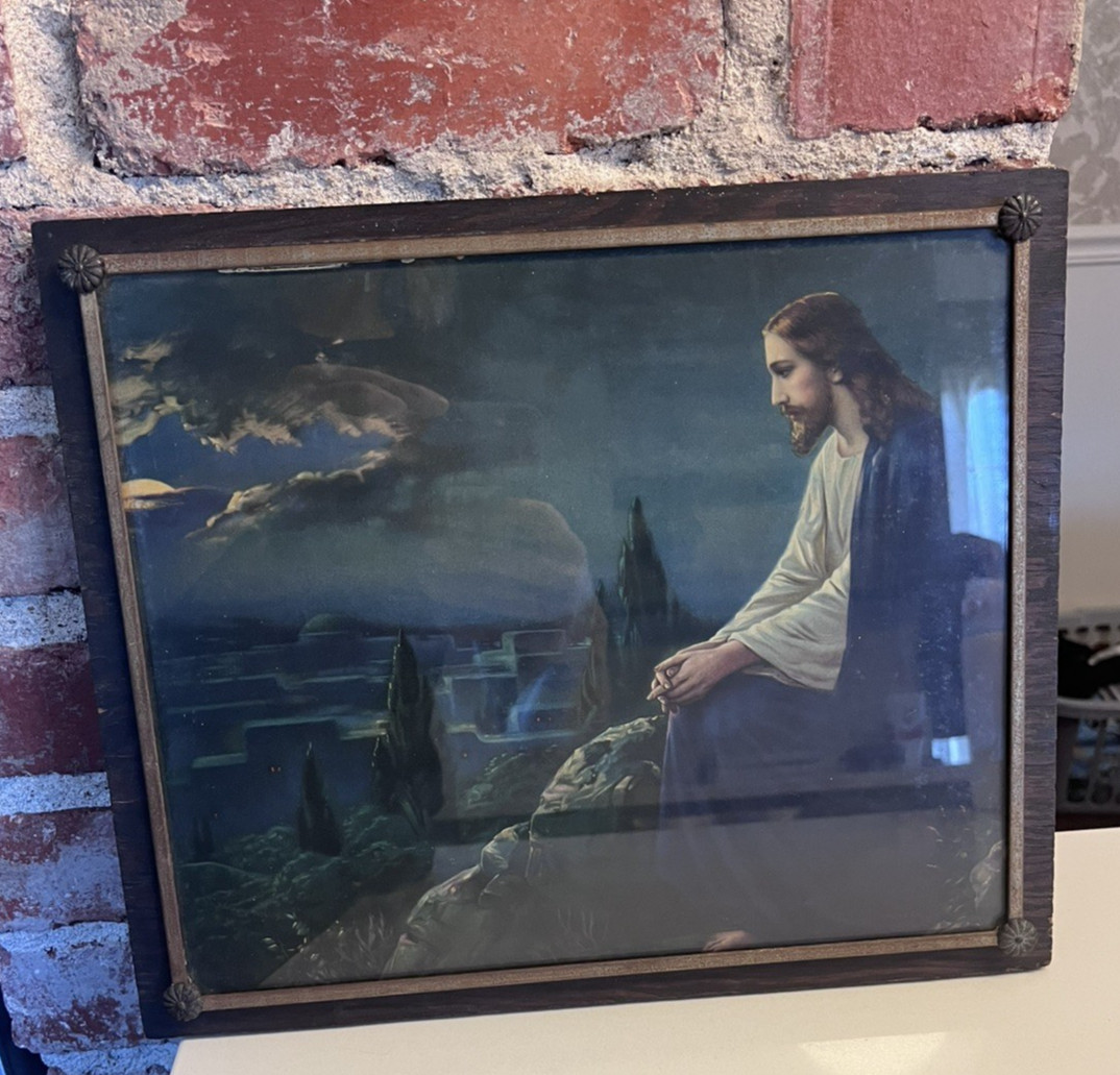 12x11 vintage framed print of Jesus On The Mt of Olives