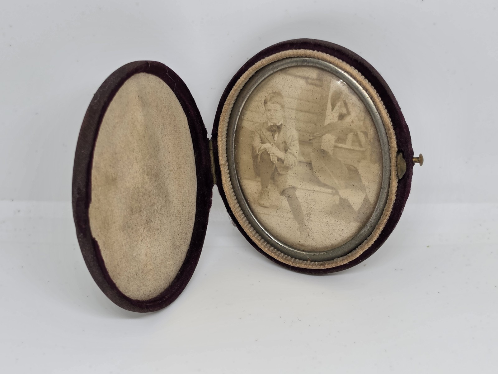 Antique Victorian Velvet Clamshell Photo Case w/ Portrait of a Boy, 19th C.