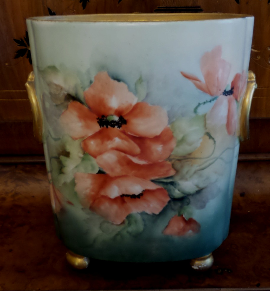 Antique Limoges Hand Painted Floral Poppies Cache Pot Vase Made in France 1890