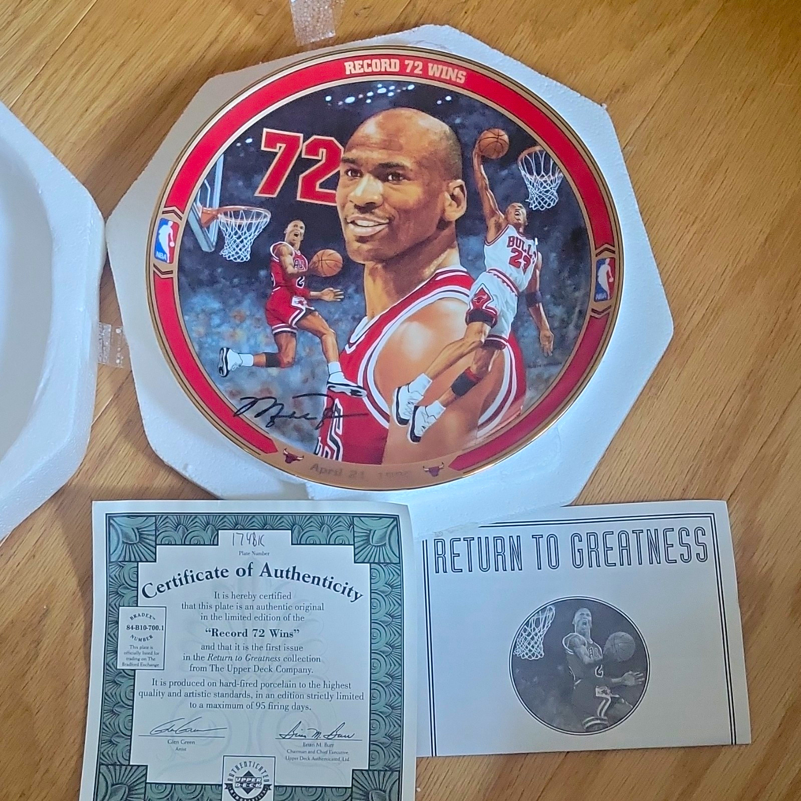 Upper Deck Return to Greatness Michael Jordan Record 72 Wins Plate LE COA 8.5\