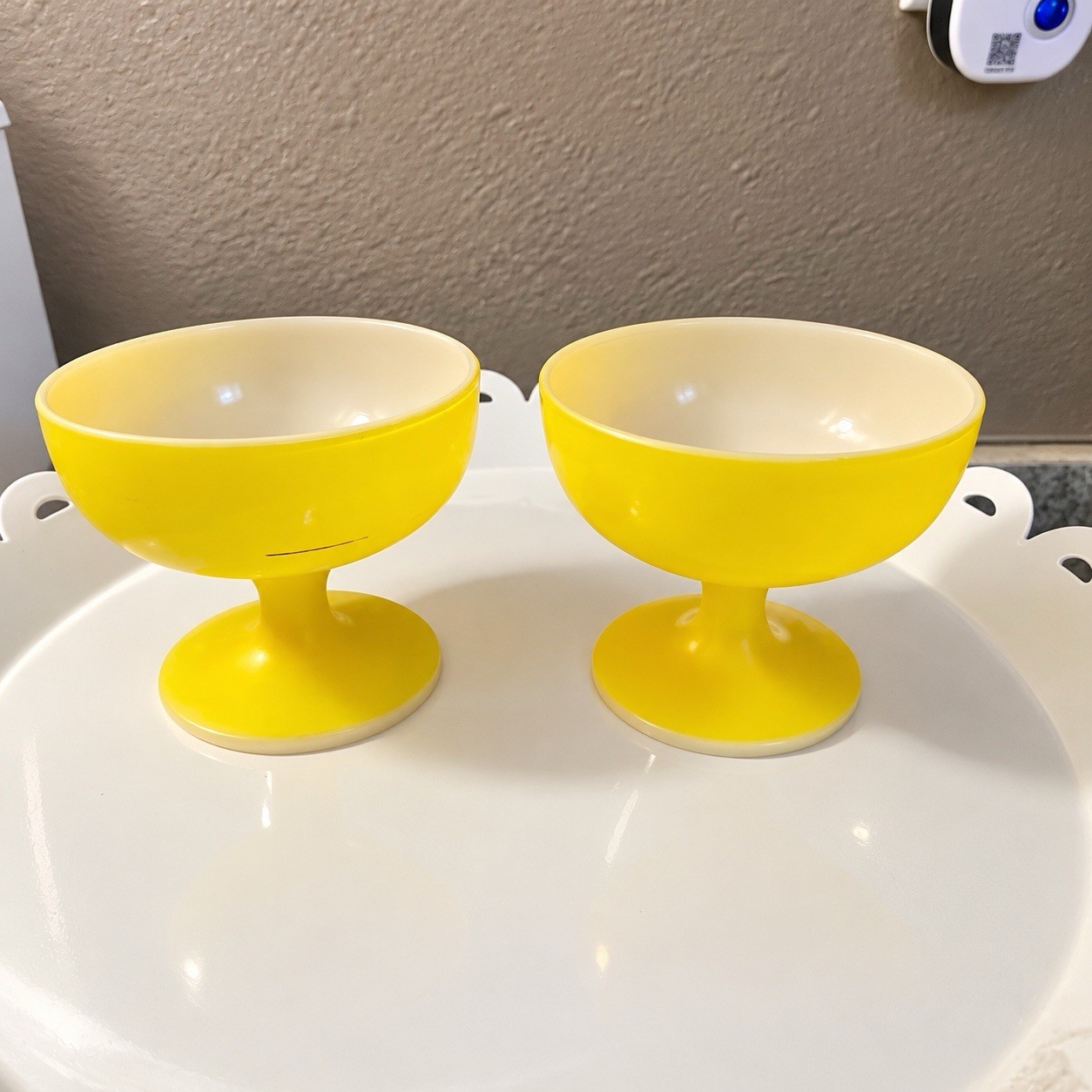 Vintage Mid Century Modern Butter Yellow Ceramic Pedastal Dessert Bowls SET OF 2