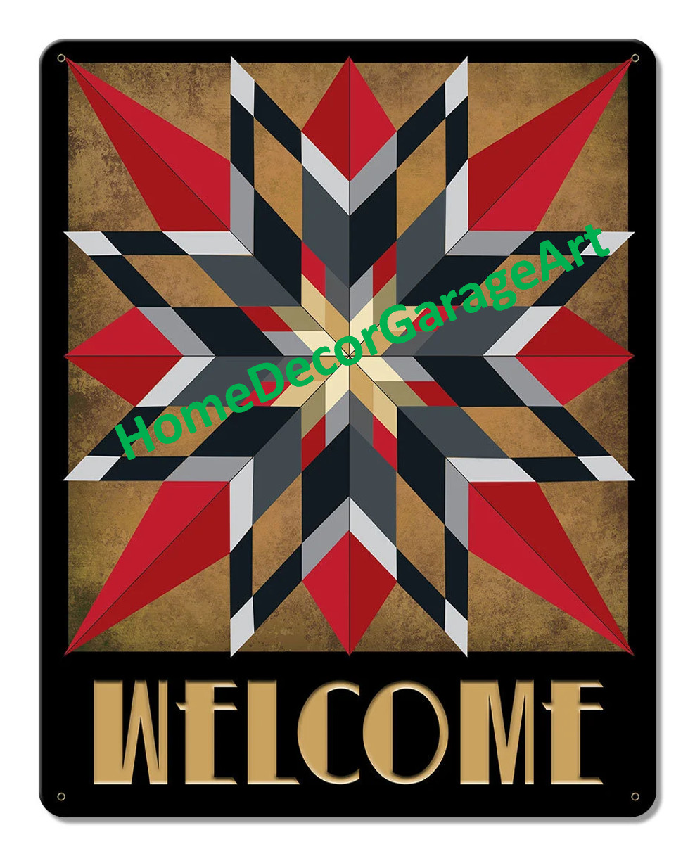 Amish Barn Quilt Metal Sign, Welcome Sixteen Point Star Design Red Wall Art