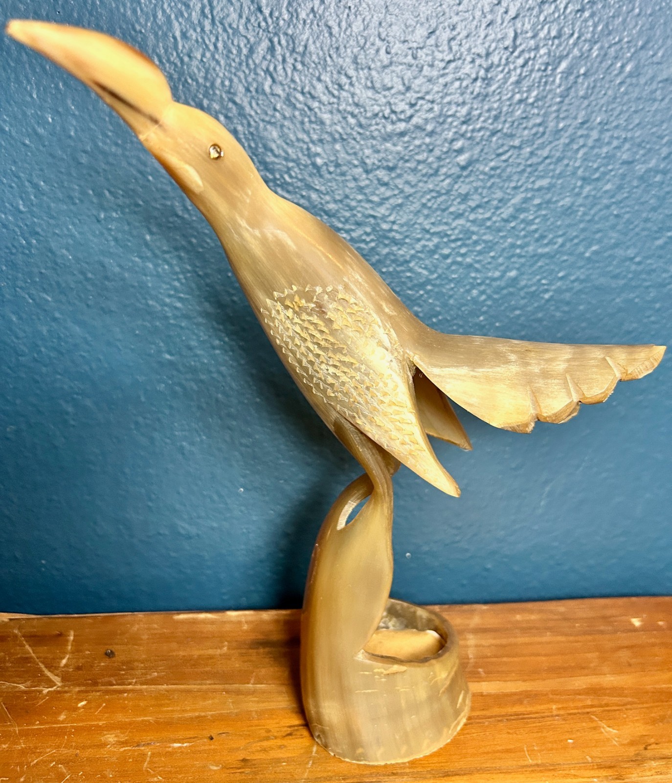 Vintage Hand Carved Horn Heron Bird Candle Holder Folk Art Rhinestone Eyes 11\