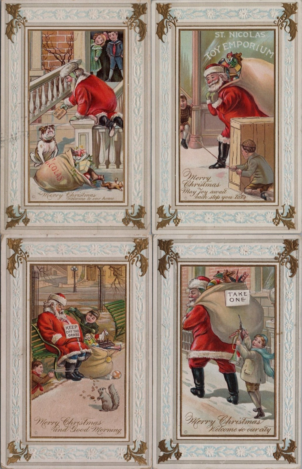 Rare~Set of 4~Santa Claus with Children~Dog~Pranks~c.1910~Christmas Postards Lot