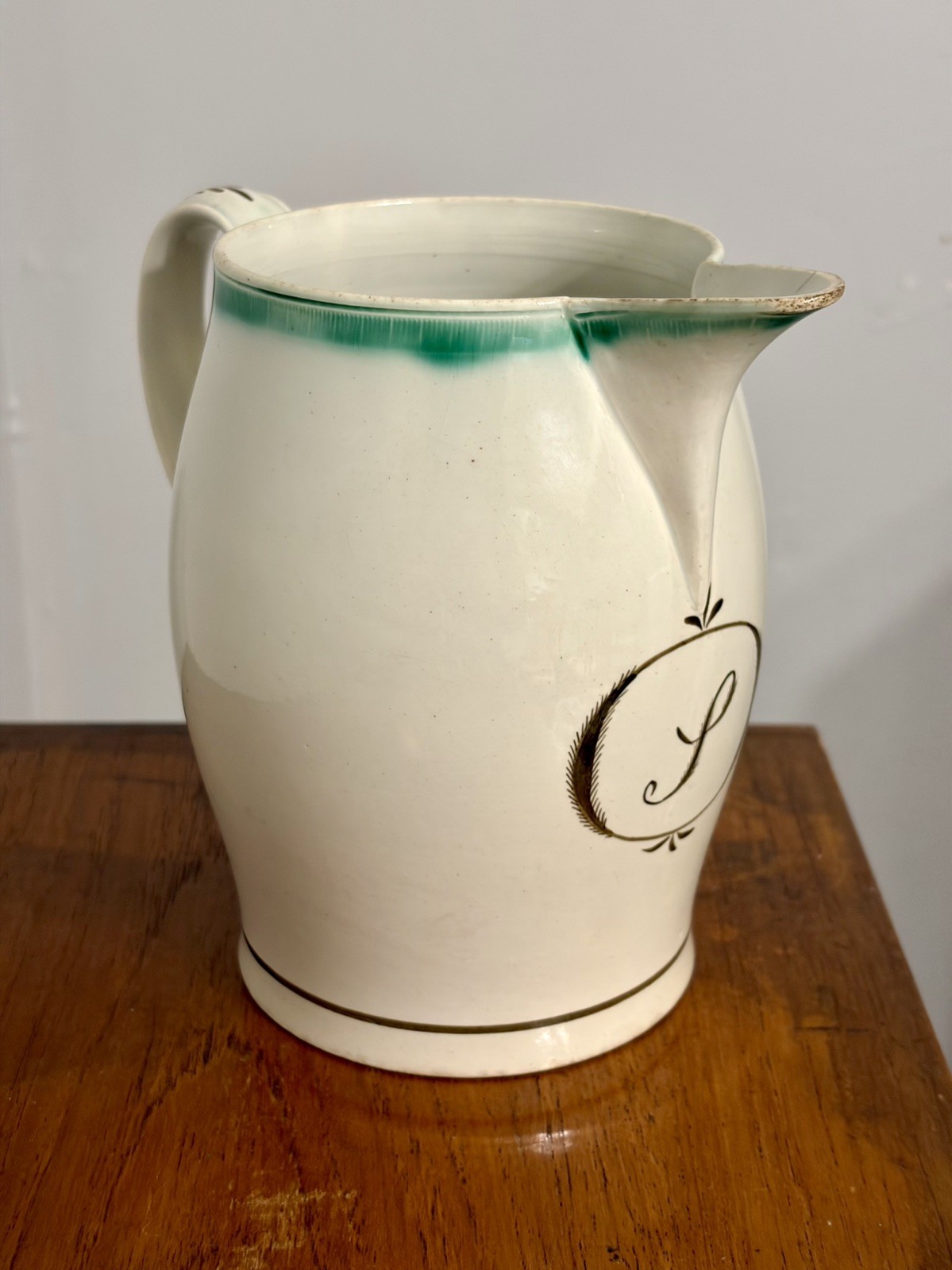 English Pearlware Pitcher Or Jug w/Green Shell Edges & Inscription Early 1800’s