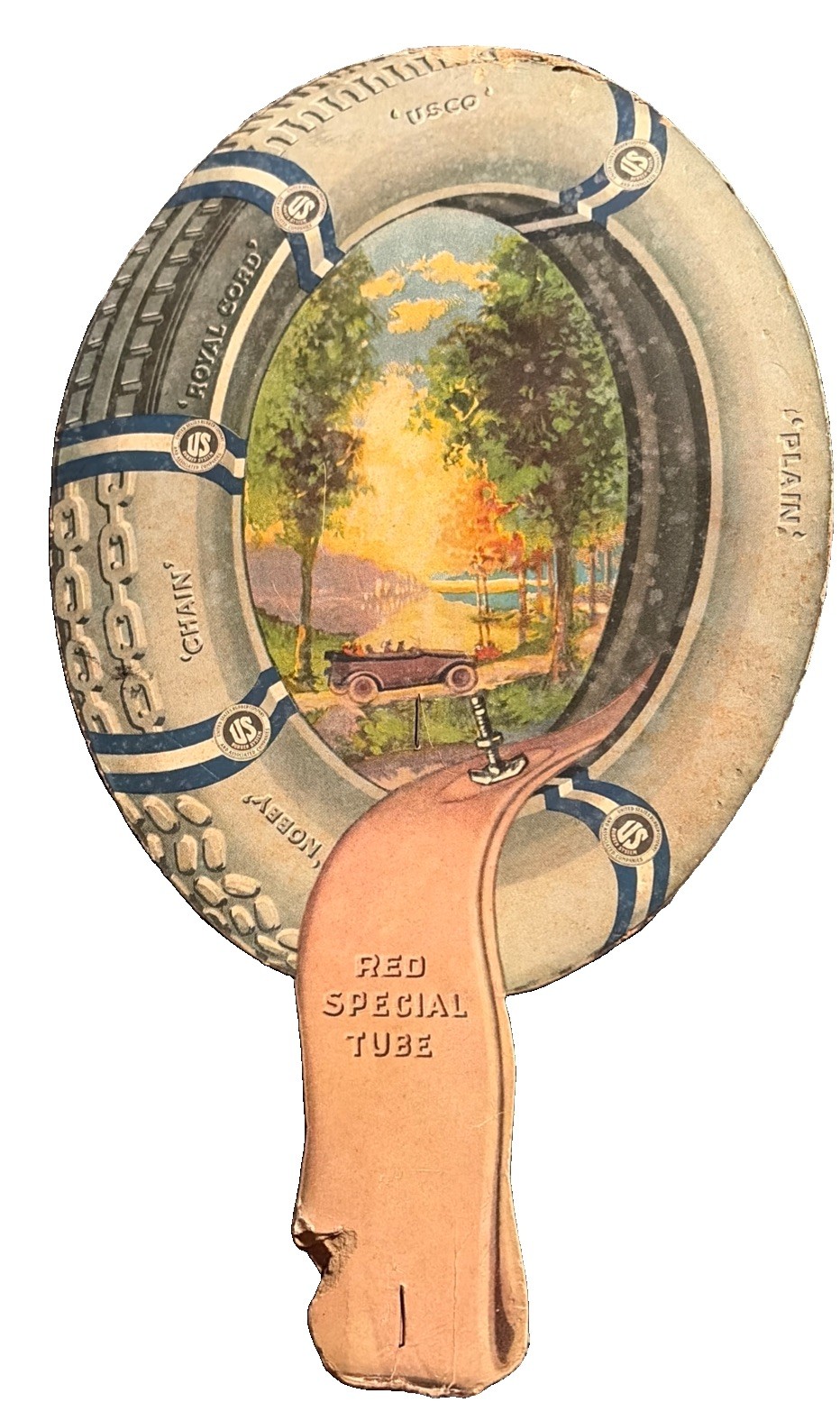 Vintage Antique US Rubber Tires Advertising Hand Fan Gas Oil Automobilia 11.5x7