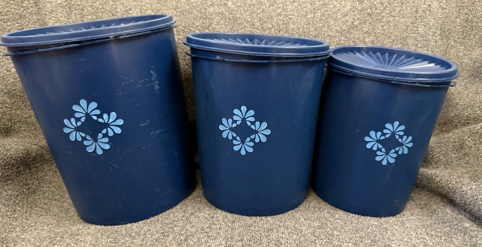Vintage Tupperware Servalier Canister Set 3 Dark Blueberry Starburst Lids 1970s