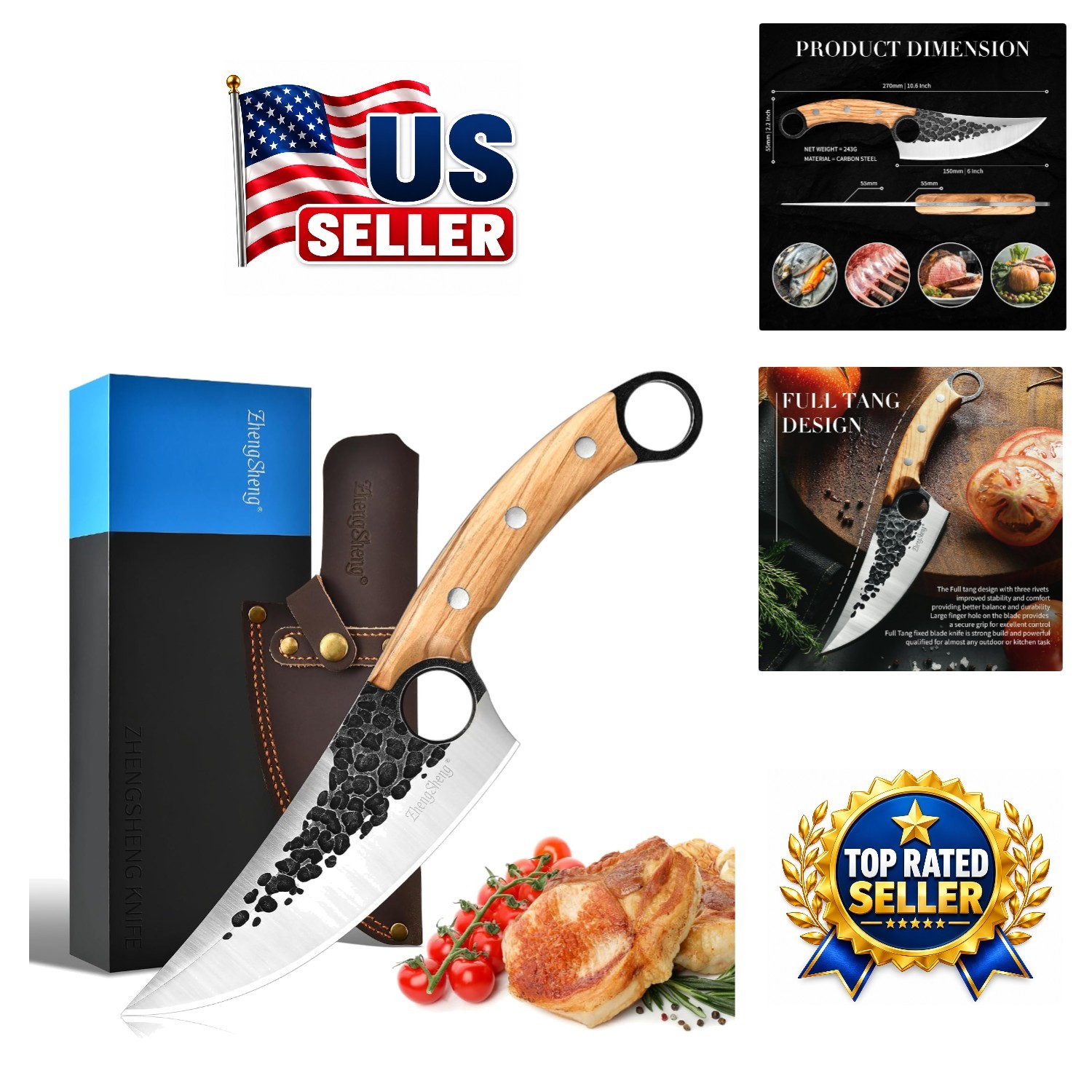 Viking Knife: Hand Forged Carbon Steel, Ergonomic Olive Handle & Leather Sheath