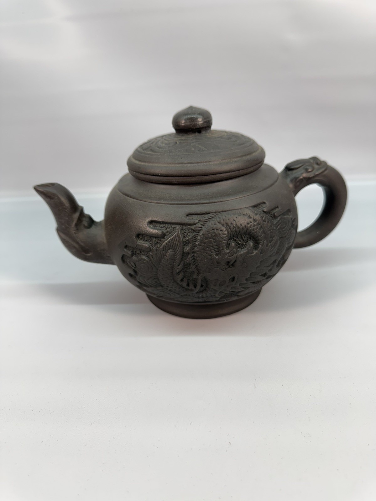 Vintage Chinese Yixing Zisha Clay Teapot With Hand Carved Dragon and Tea Insert