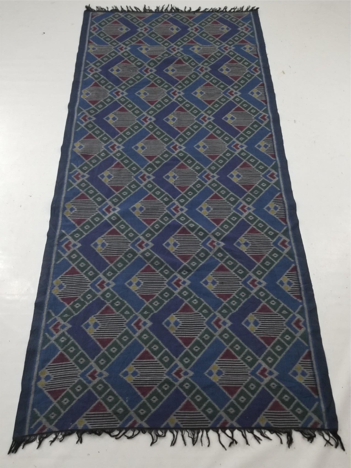 Vintage Handwoven Indonesian Geometric Ikat Textile Fringe Runner 85x40 inches
