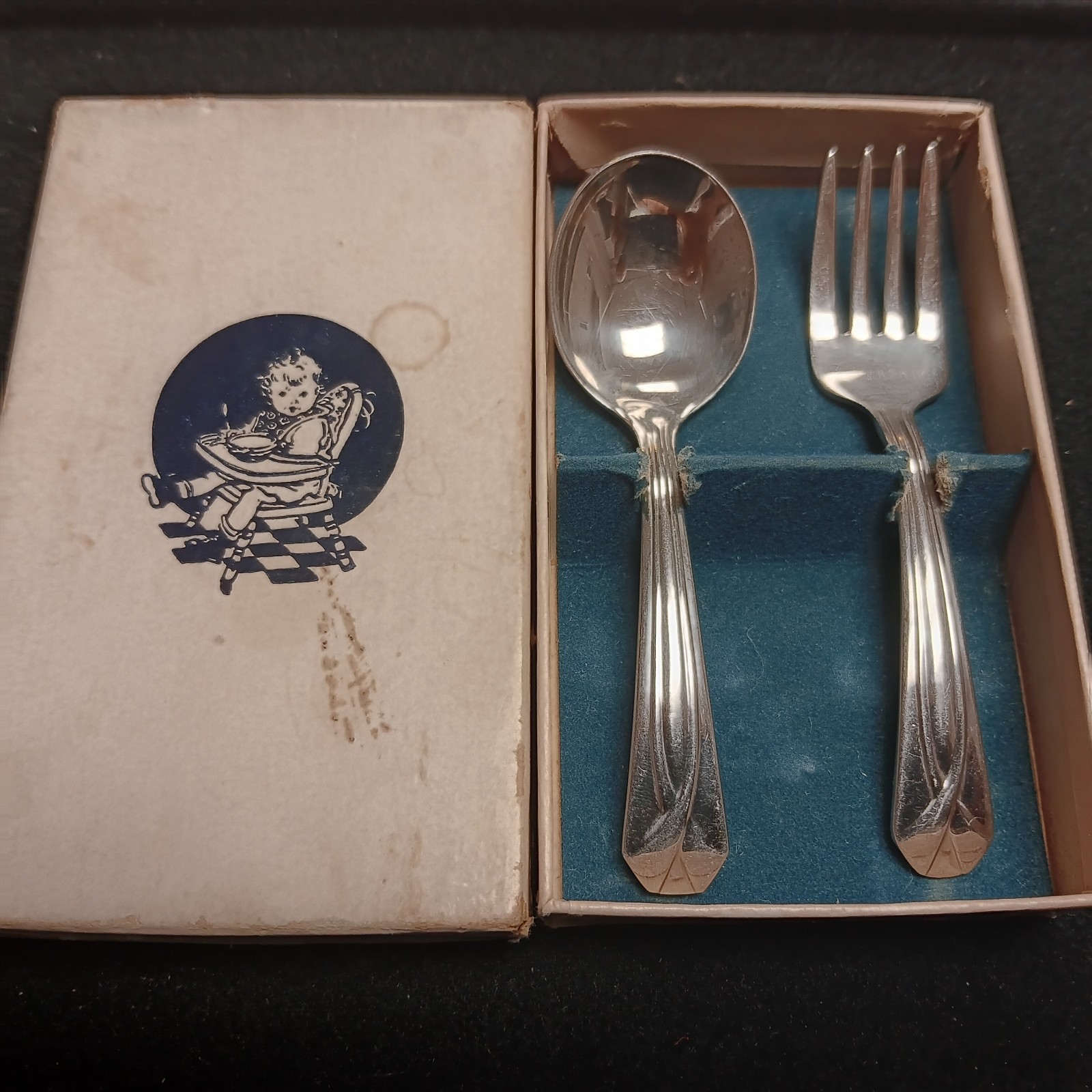 Vintage 1930s Allegheny Metal Baby Fork Spoon Set Royal Stainless Streamline