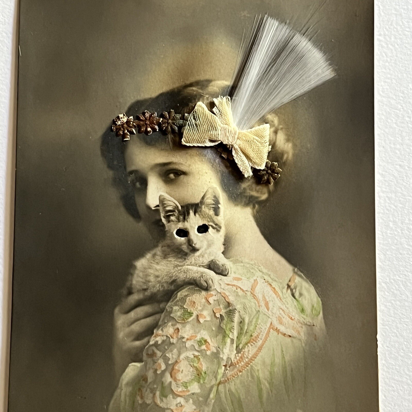 Antique RPPC Real Photograph Novelty Postcard Beautiful Woman Cat Cut Out Eyes