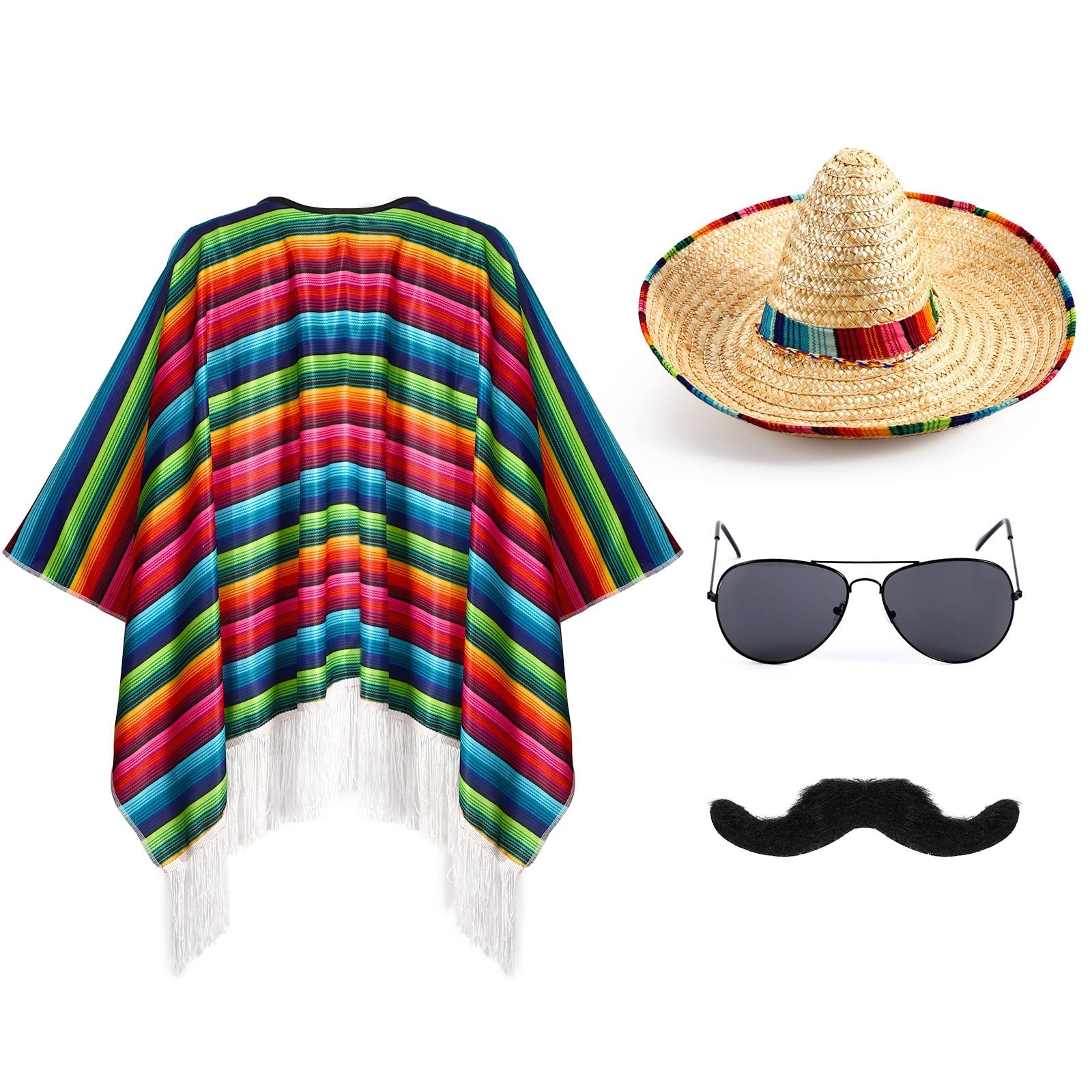4 Pcs Mexican Sombrero and Poncho Costume Set Serape