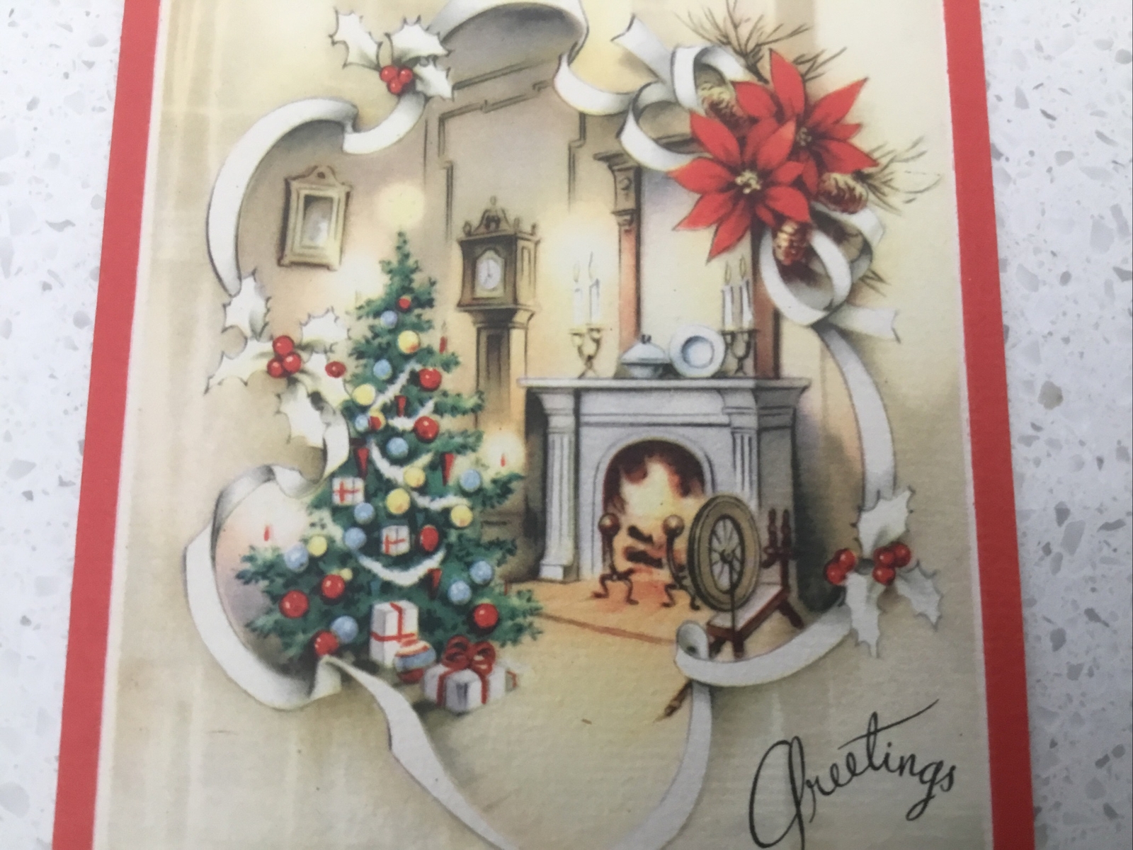 VTG Christmas Greeting Card Cozy Fireplace Colonial Victorian