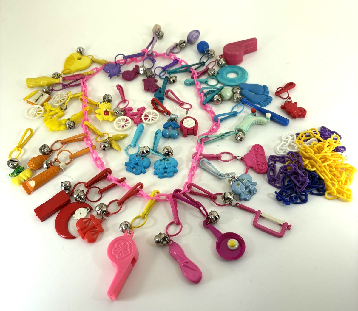 Vintage 80s Plastic Clip Bell Charm Necklaces & Bracelets With 38 Charms