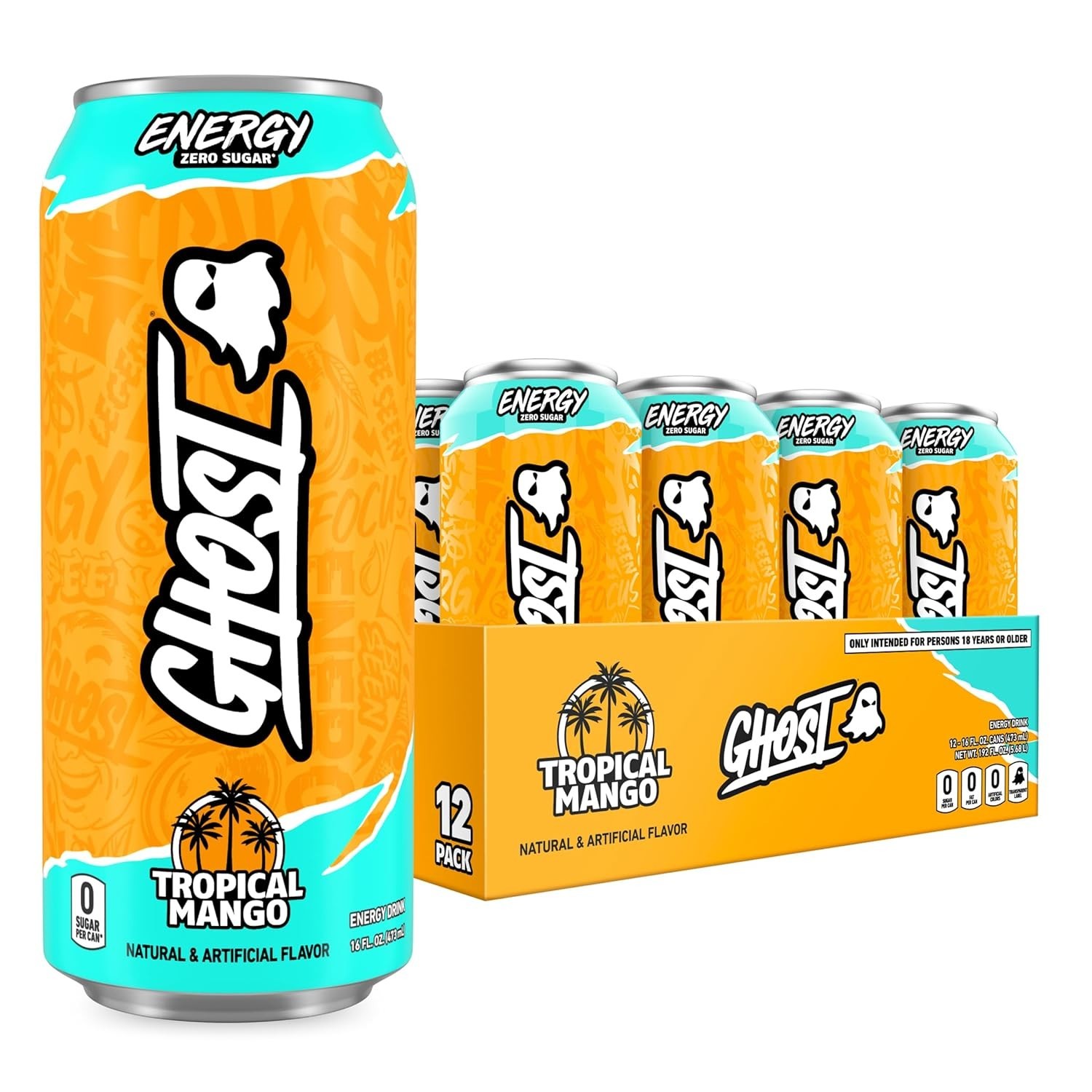 GHOST Energy Drink - 12-Pack, Tropical Mango, 16oz Cans - Energy & Focus & No Ar