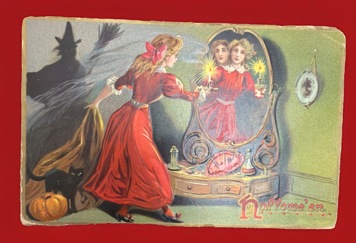 Antique 1908 HALLOWEEN Postcard Raphael Tuck No. 150 Hallowe'en Mirror Witch