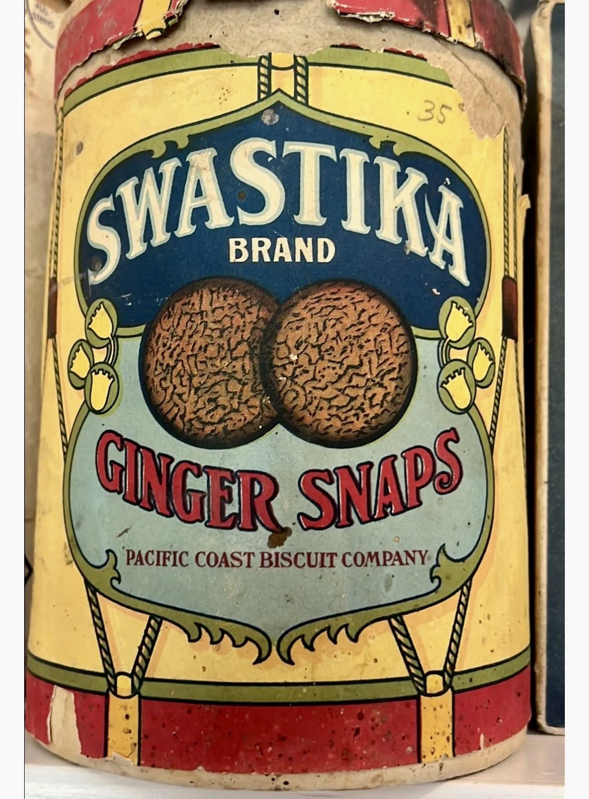 HTF Antique WWI Pacific Coast Biscuit Co Swastika Ginger Snaps Paper Barrel