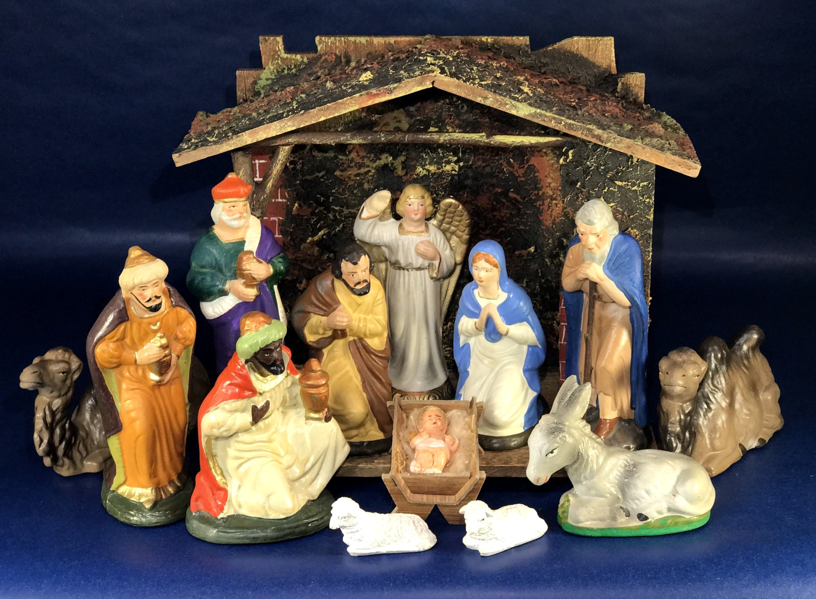 VINTAGE GERMANY JAPAN PAPER MACHE NATIVITY SET 14pc HOLY FAMILY KINGS  STABLE