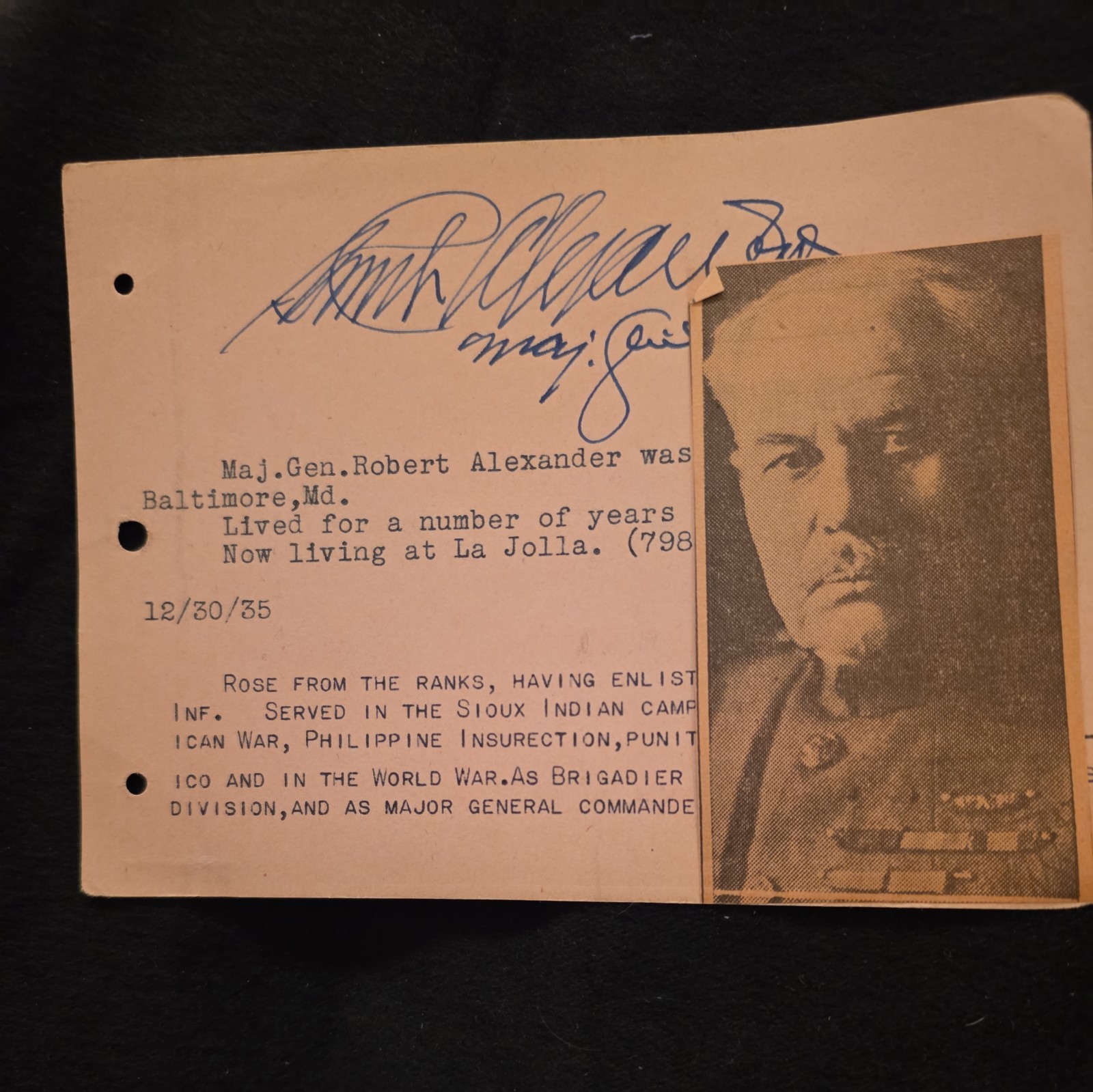 AUTOGRAPH --  Major General  Robert Alexander