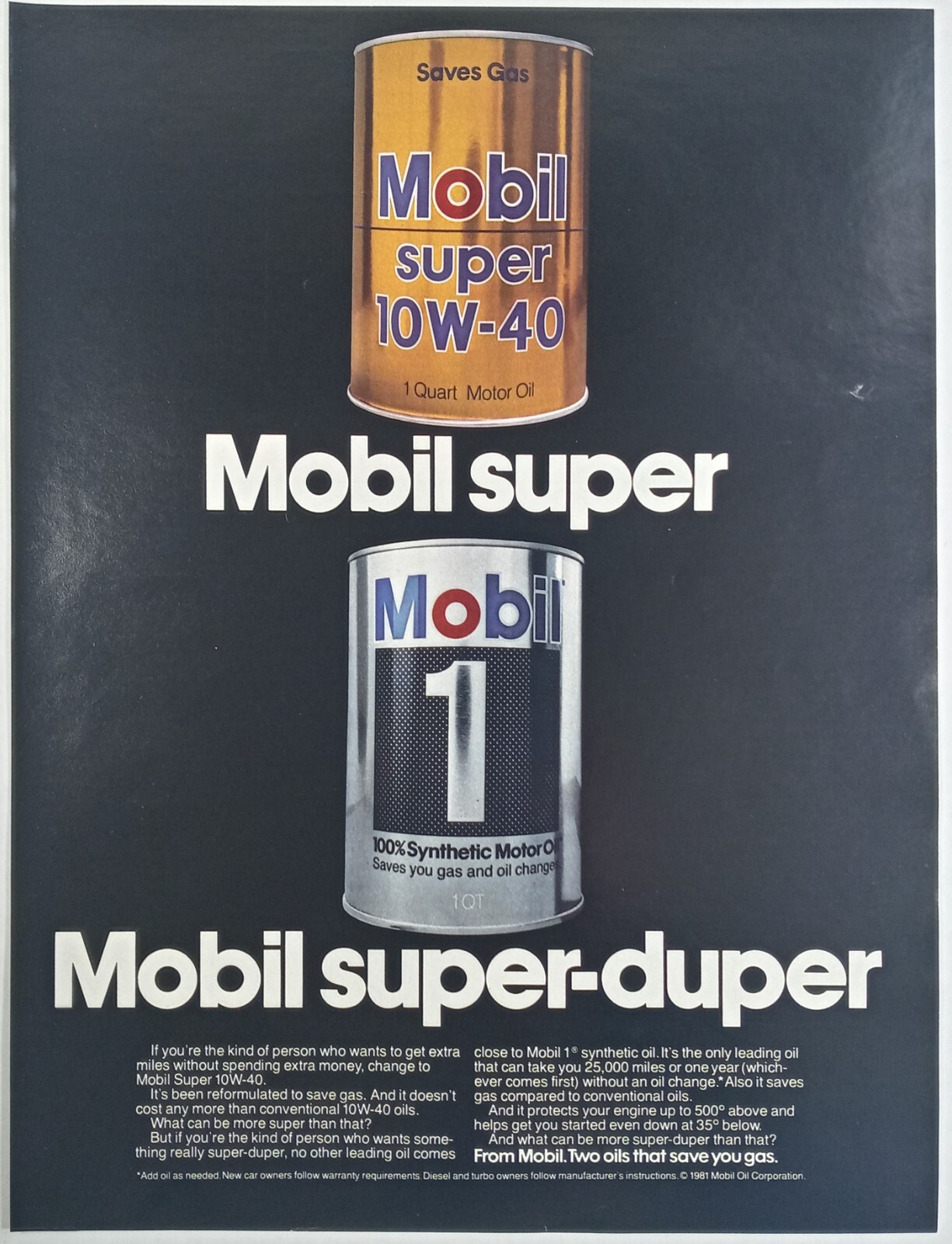 1980\'s MOBIL 1 Motor Oil Cans Super Duper Black Colorful Vtg Poster Print Ad