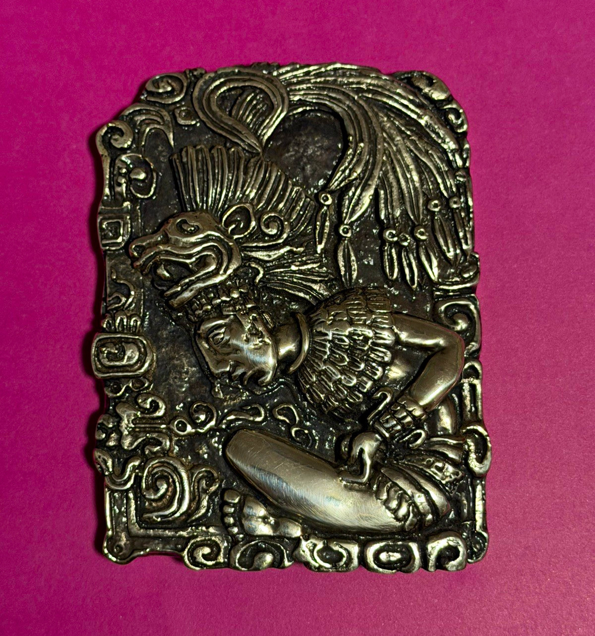 Vintage D\'Argenta Mayan Priest Quetzalcoatl Plaque Silver Relief Signed Stamp