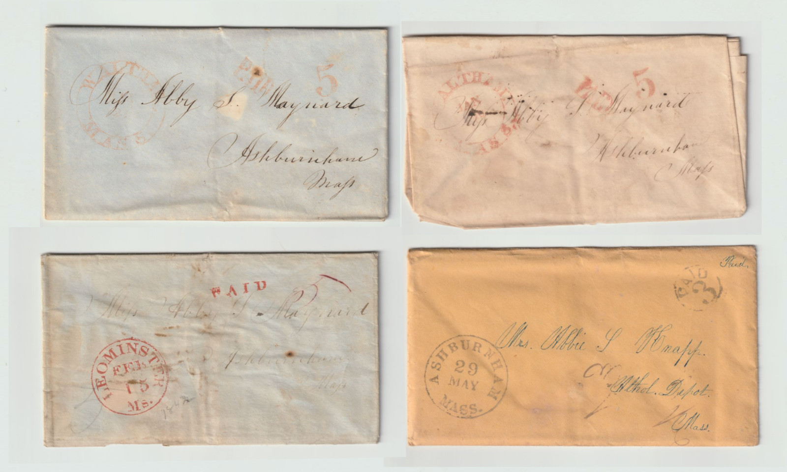 1848 Stampless Courtship Love Letter + 3 Unexamined Covers, Abbie Maynard Knapp