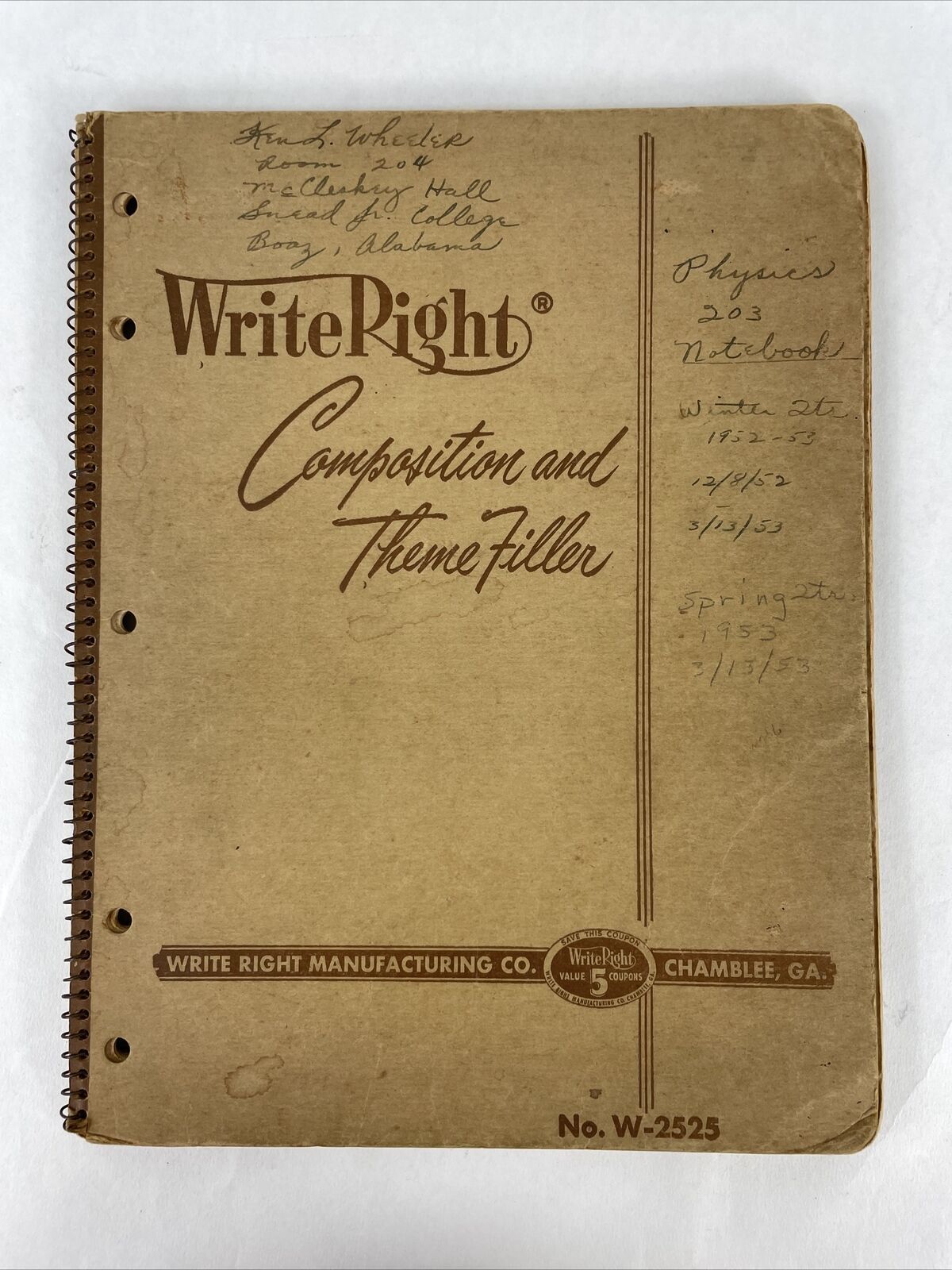 Vintage Physics 203 Student Notebook, Winter 1952, Spring 1953, With Notes