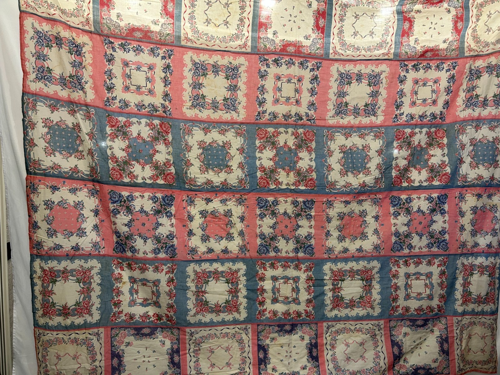 VTG 1940s 1950s Handkerchief Print Floral Hankie Squares Sewn Textile 78x65 OOAK