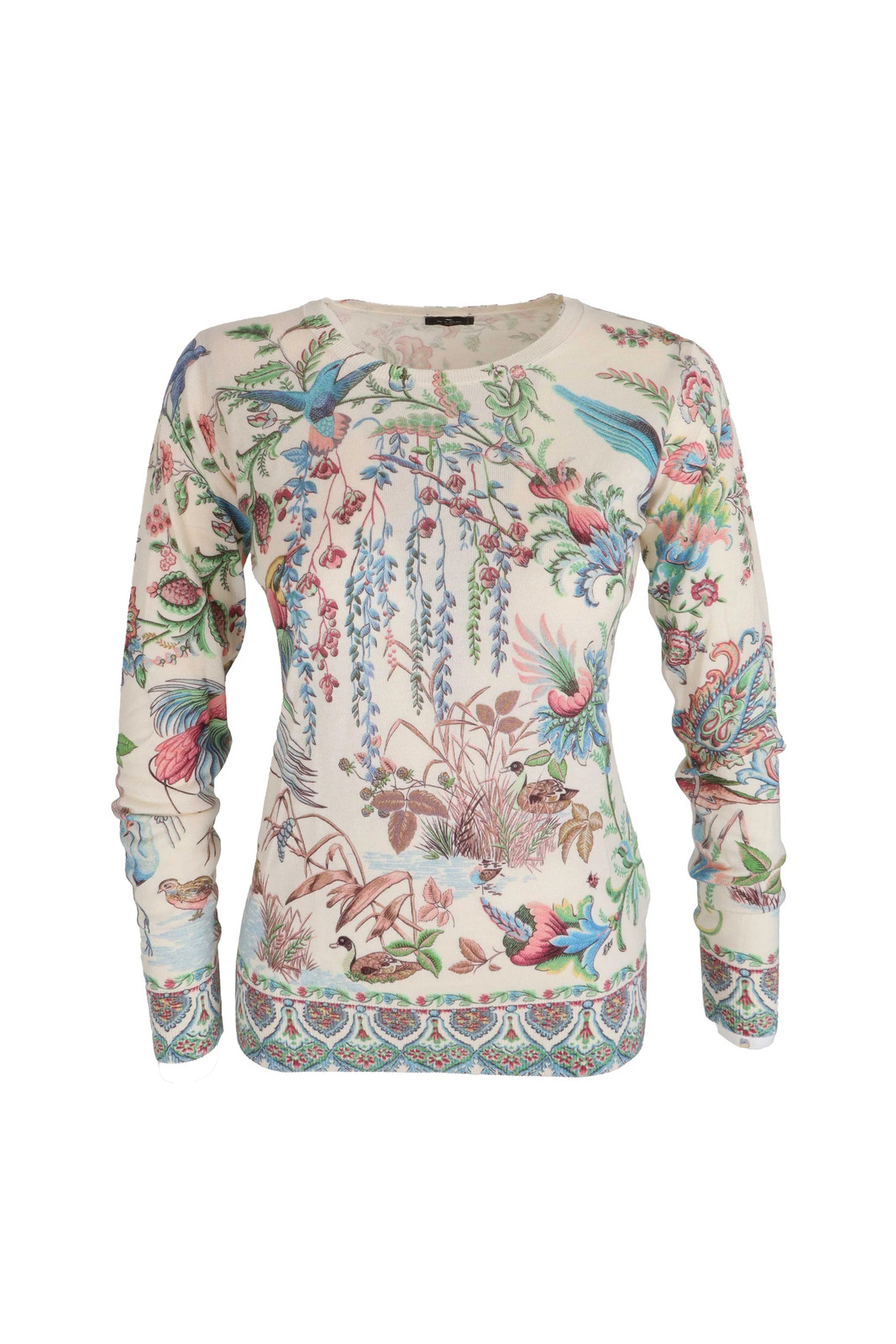 ETRO Women's Silk Cashmere Blend Long Sleeve Sweater Floral Bird Print L