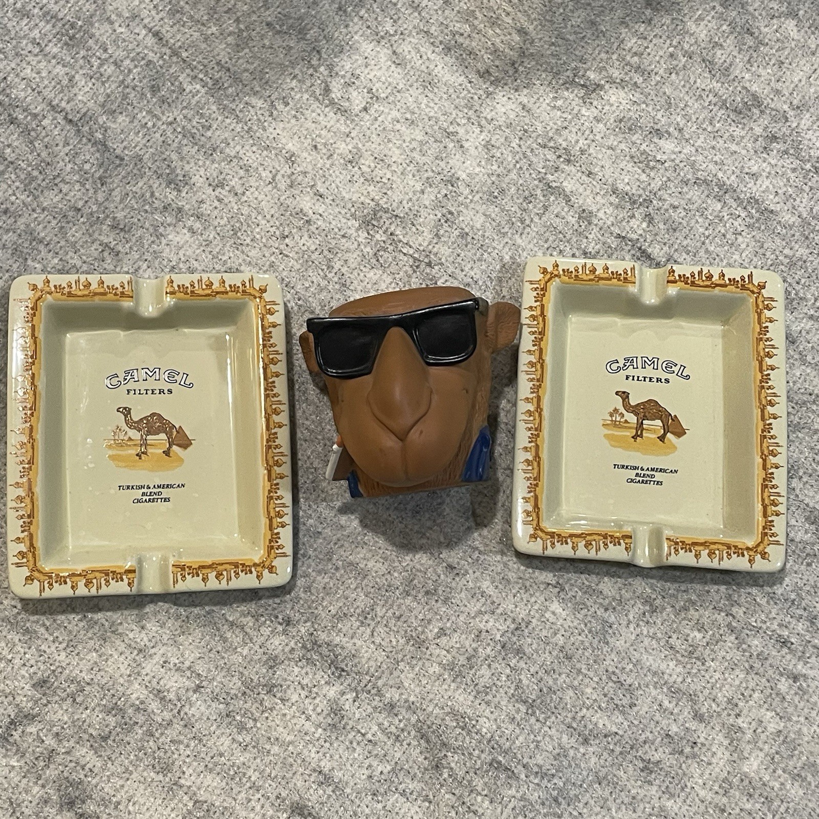 Vintage Camel Cigarettes Ceramic Ashtrays & Joe Camel Head Can Koozie Lot