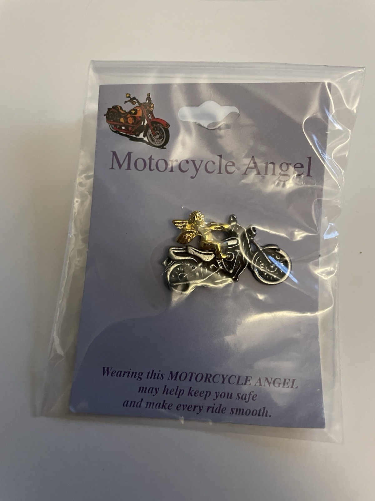 Motorcycle Angel Gold Tone Guardian Angel on a Silver Toned Motorcycle Push Pin